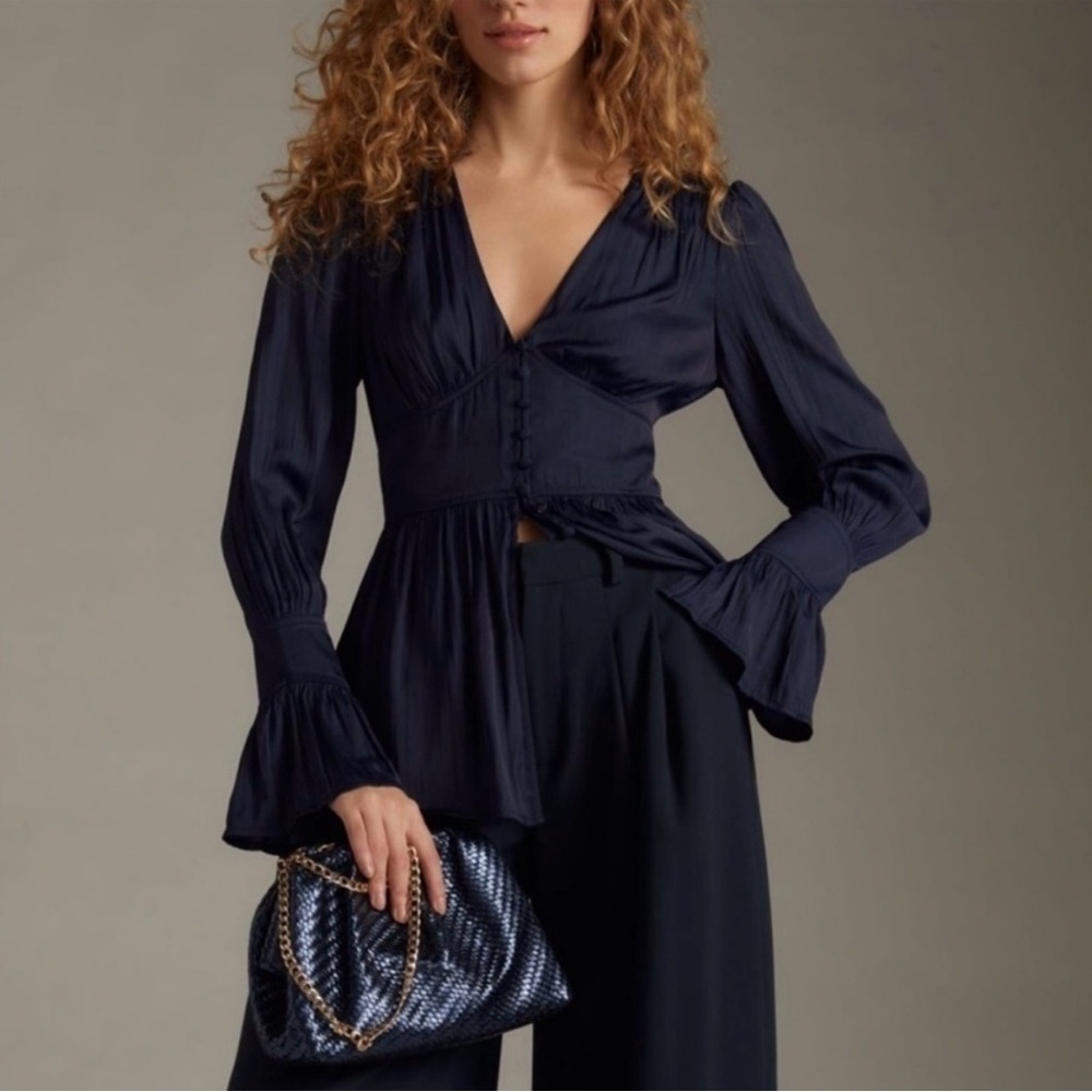 Anthropologie Navy Blue Satin Poet Tunic Blouse Button Front XL
